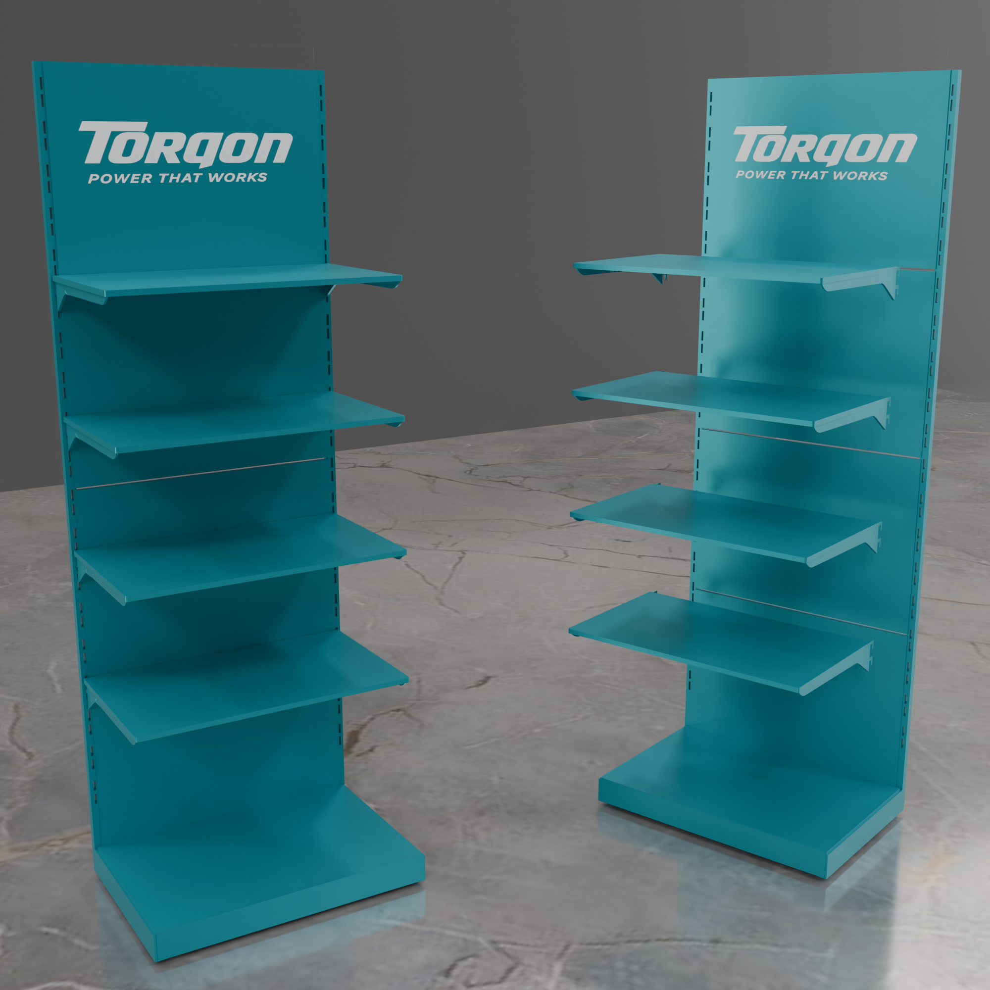 Torgon Power That Works metal display stand – branded POS rack by Goldisplay