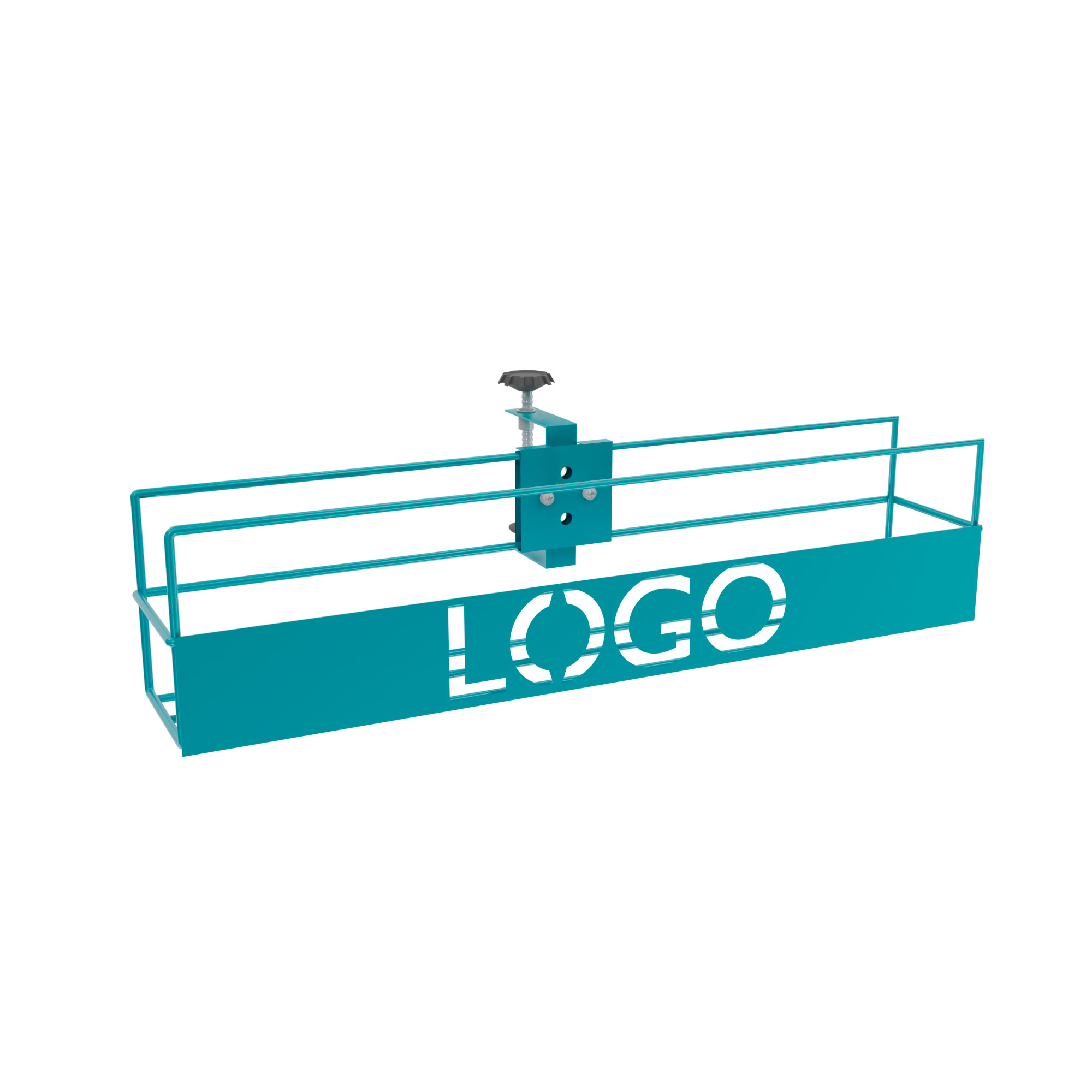 Cleardrop wire shelf display – turquoise metal bottle holder with laser-cut logo by Goldisplay