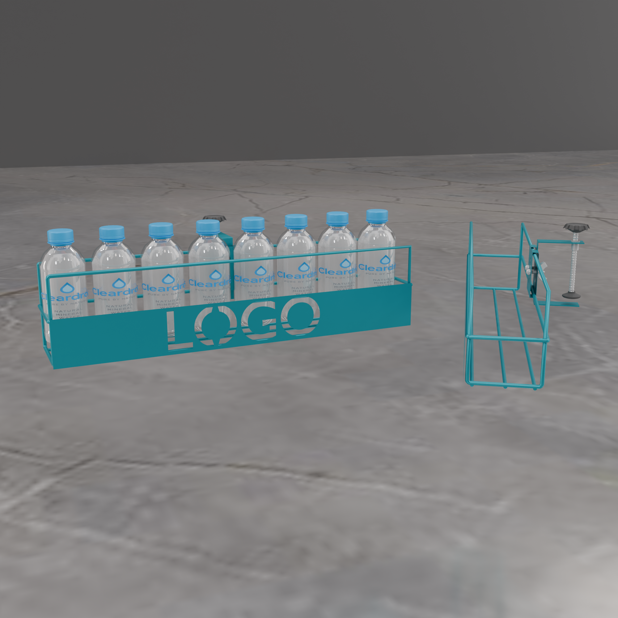 Cleardrop wire shelf display – turquoise metal bottle holder with laser-cut logo by Goldisplay