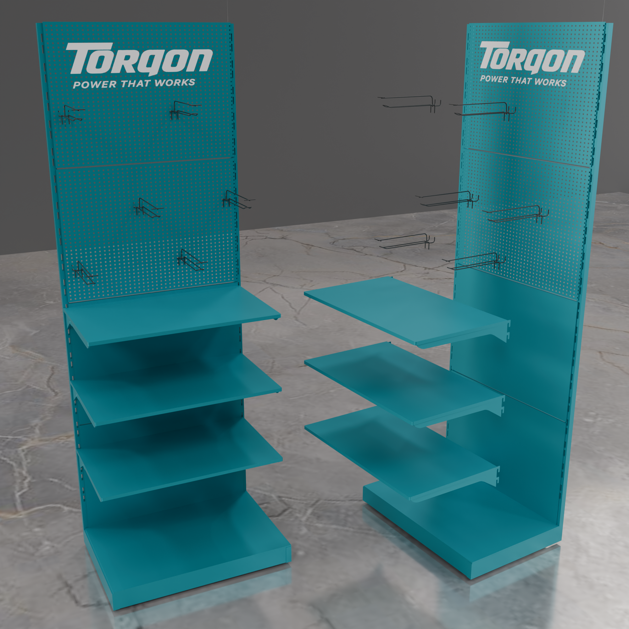 Torgon Power That Works metal display stand with hooks and shelves – POS rack by Goldisplay