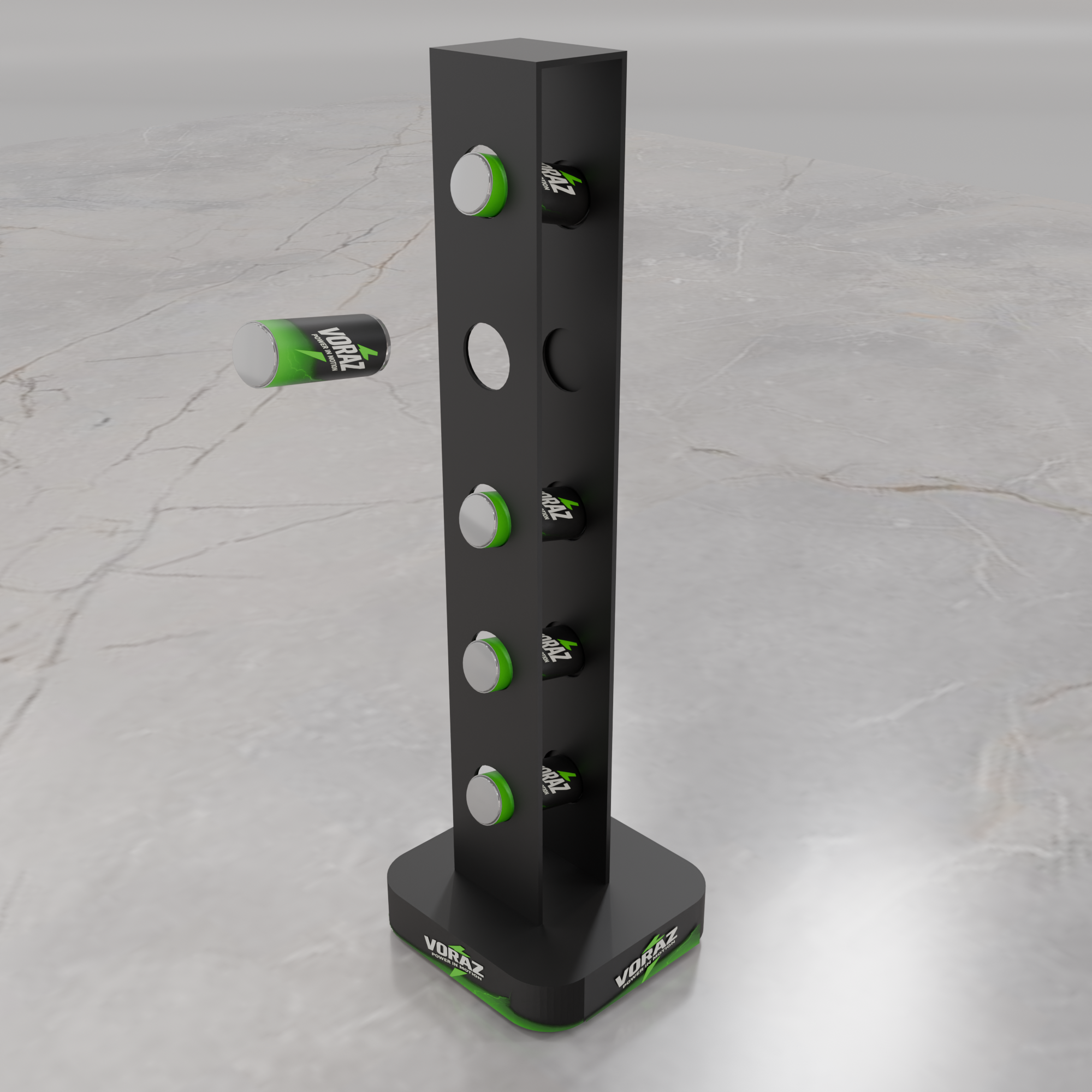 VORAZ Power in Motion vertical POS display stand – metal energy drink rack by Goldisplay