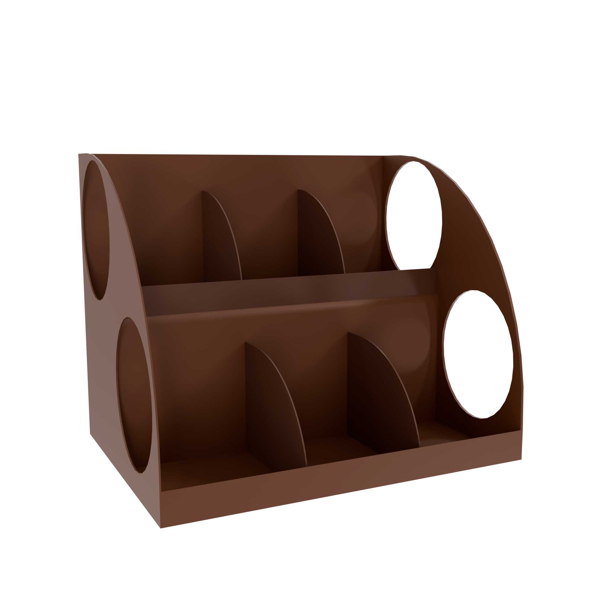 Two-tier metal coffee display stand with dividers in brown color by Goldisplay