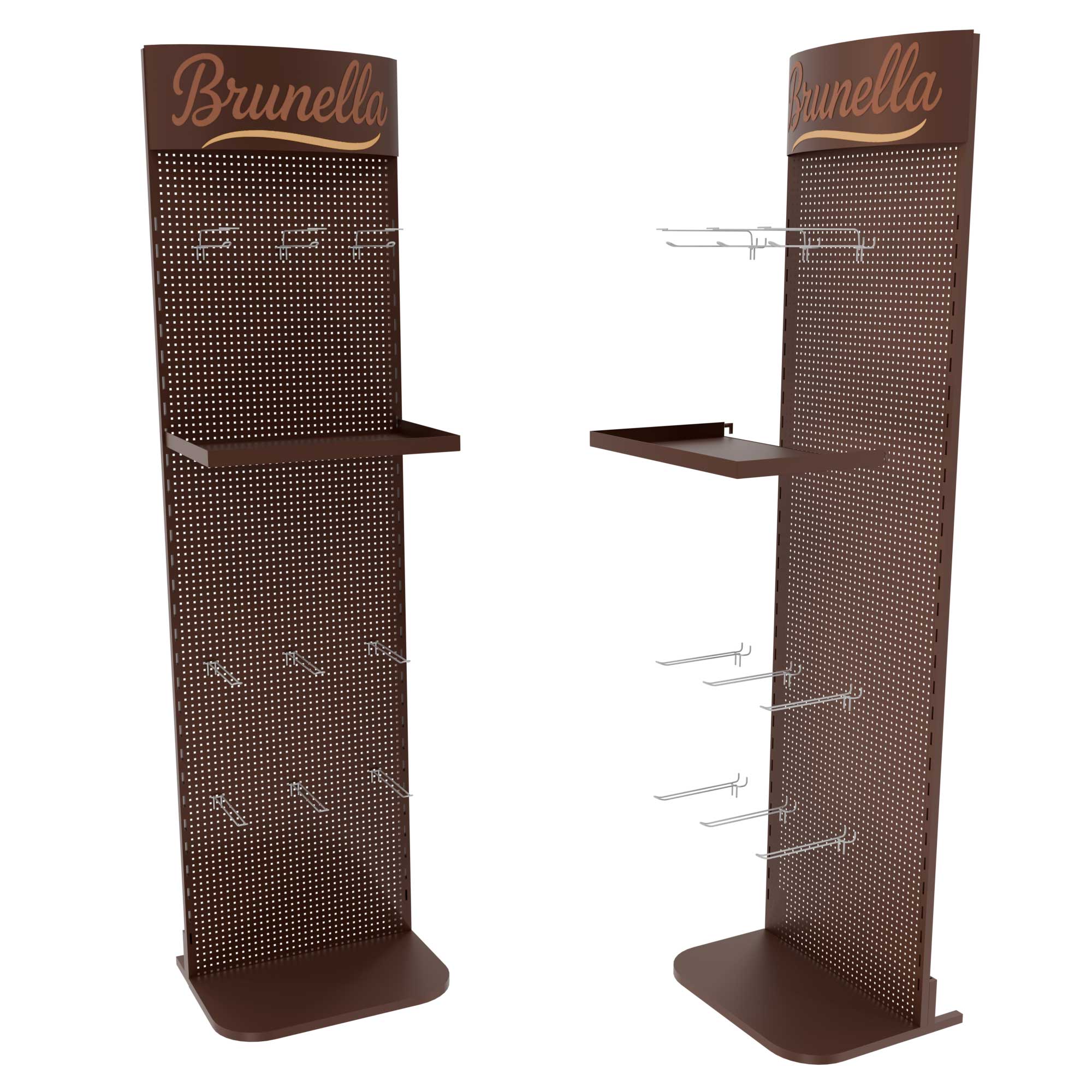 Brunella metal display stand with shelf and hooks – chocolate brown POS rack by Goldisplay