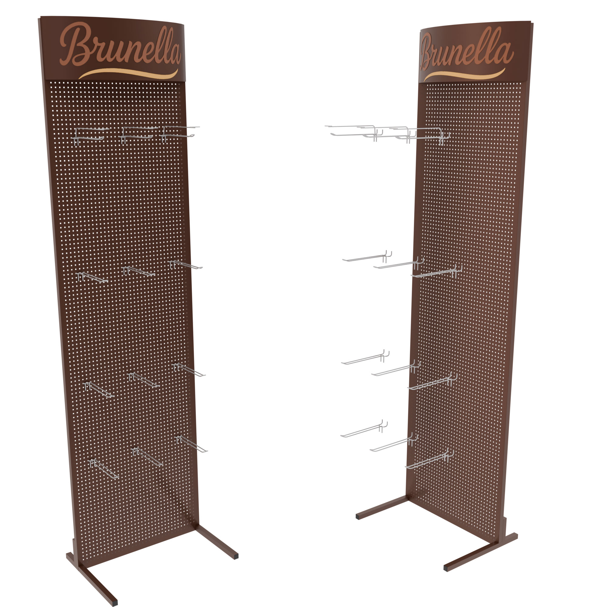 Brunella metal display stand – brown perforated POS rack with hooks by Goldisplay