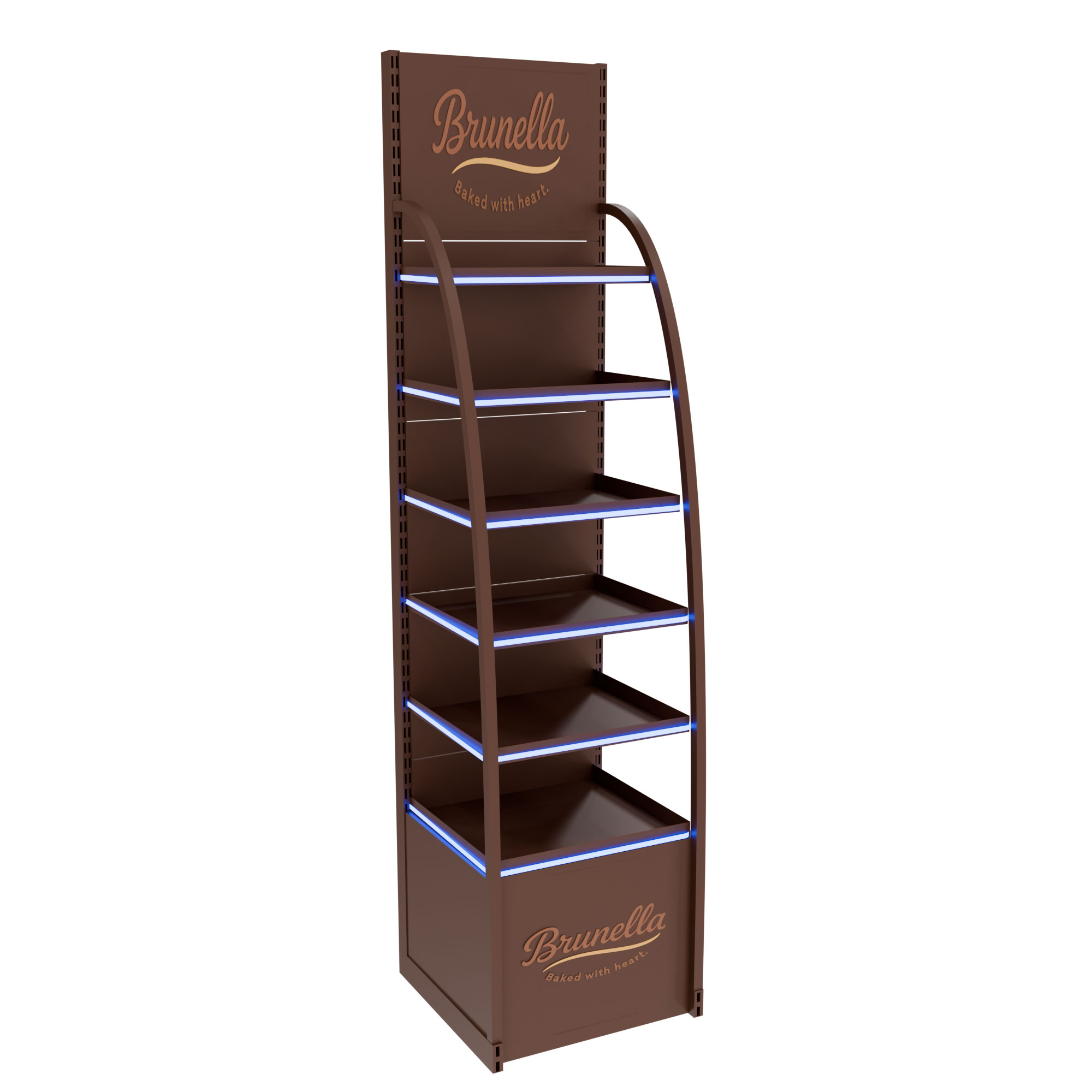 Brunella LED bakery display rack with curved frame and illuminated shelves