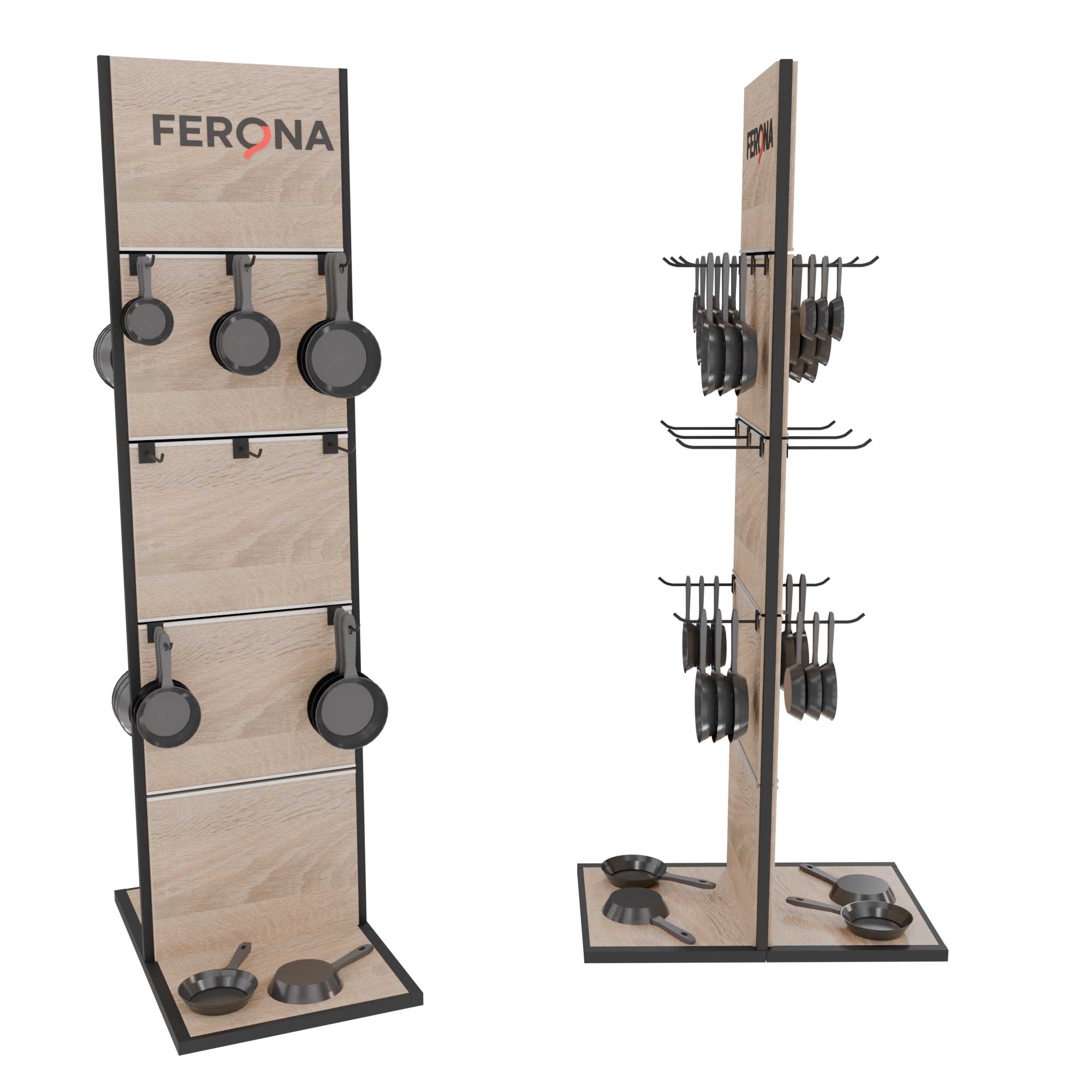 Ferona double-sided metal and wood cookware display stand with hooks for frying pans by Goldisplay