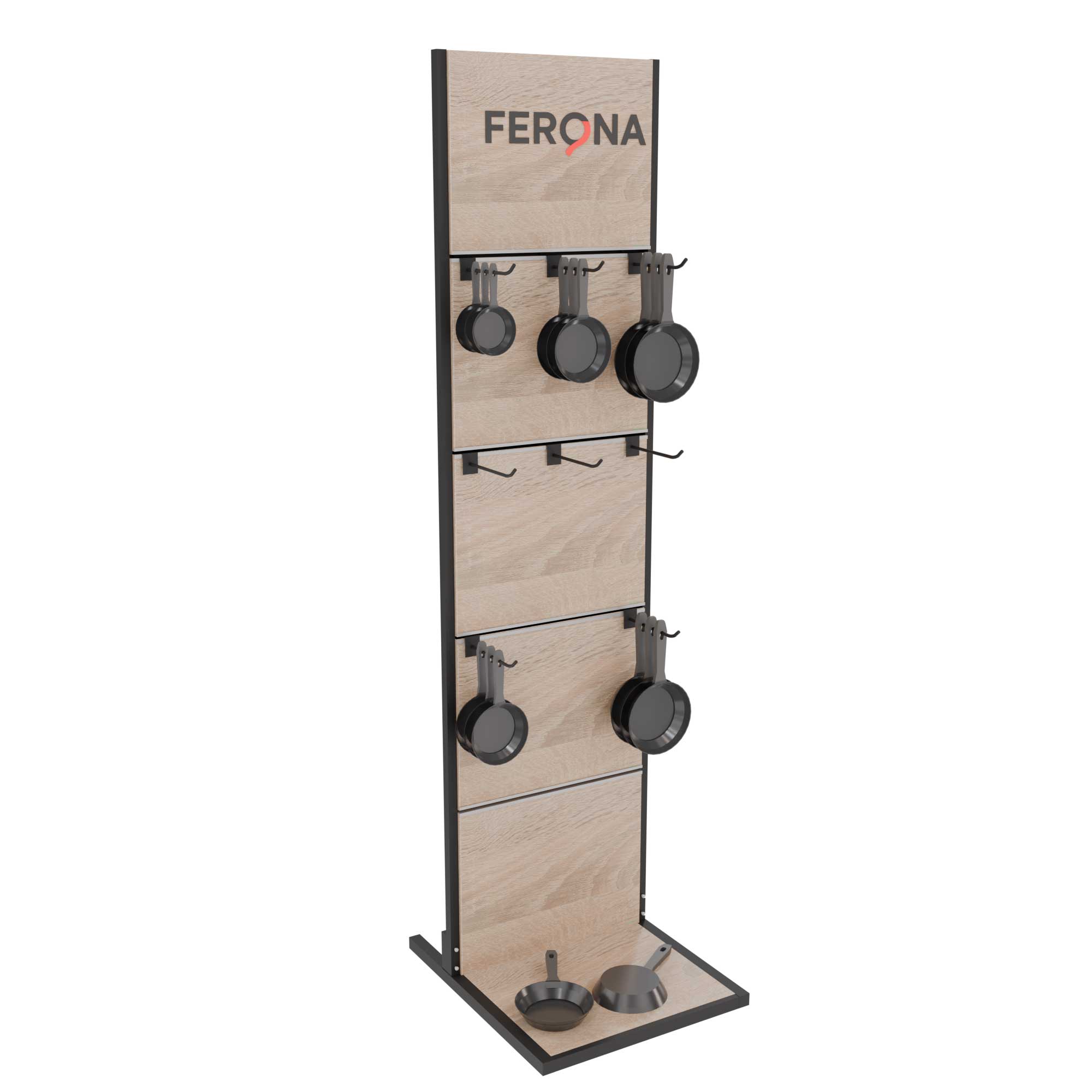 Ferona wooden and metal display stand with hooks for cookware by Goldisplay