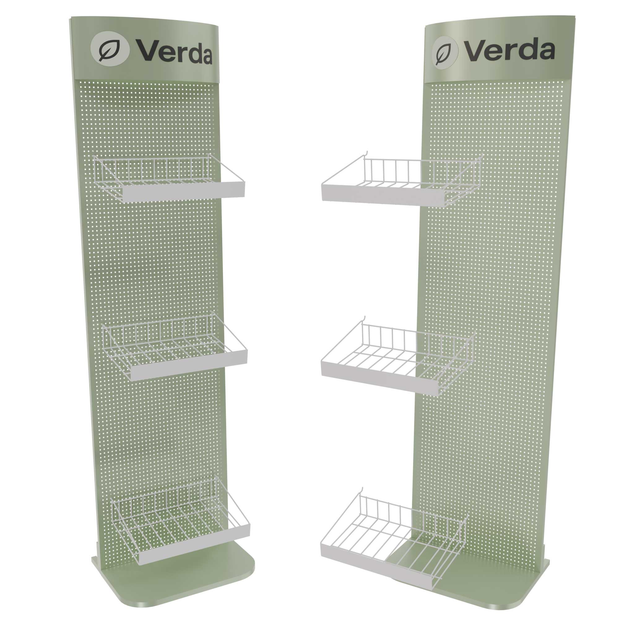 Verda green metal display stand with baskets – perforated POS rack by Goldisplay
