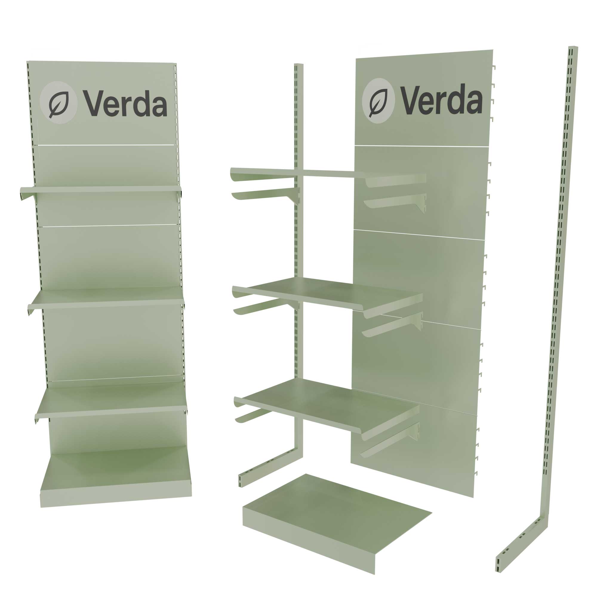 Verda green slotted display stand with adjustable shelves – POS rack by Goldisplay
