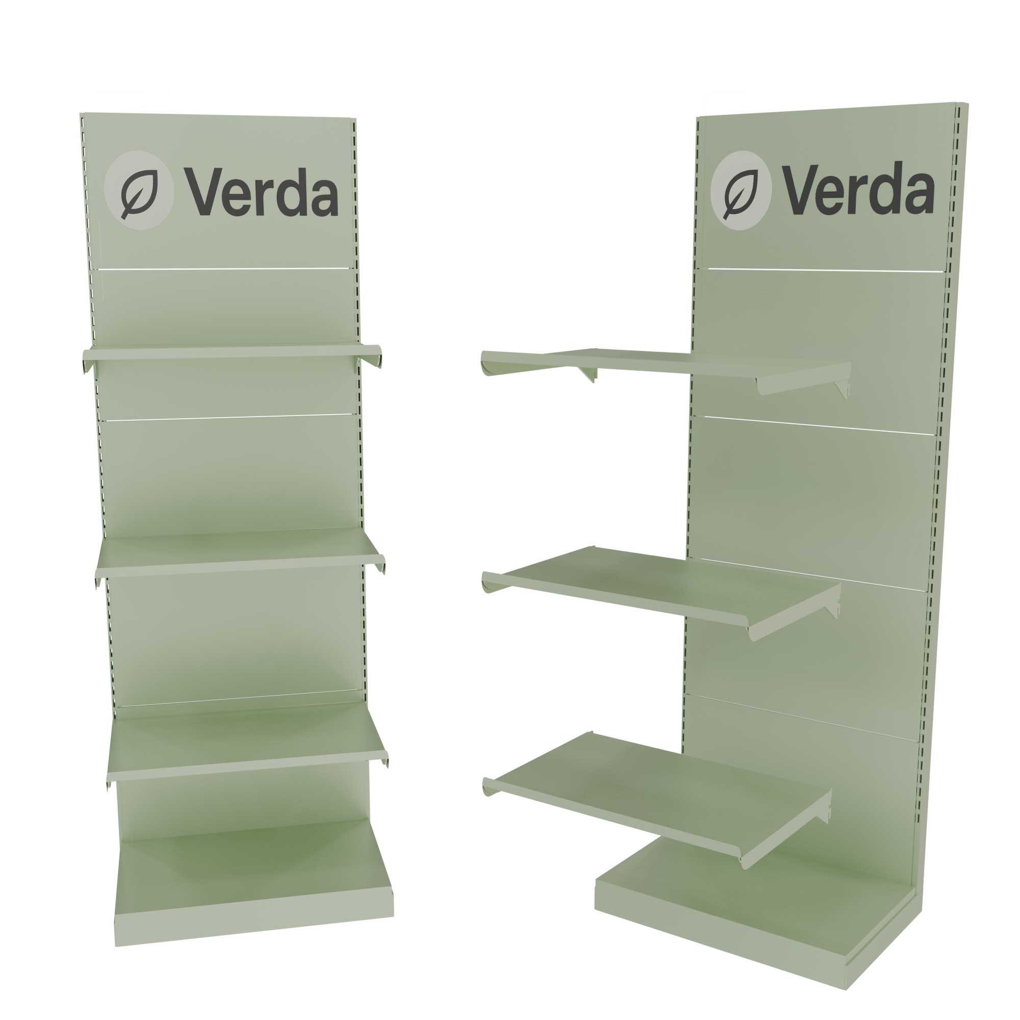 Verda green slotted display stand with adjustable shelves – POS rack by Goldisplay